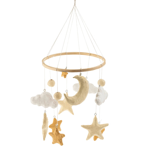 Baby mobile with stars, moon, and clouds hanging from a wooden ring on a white background