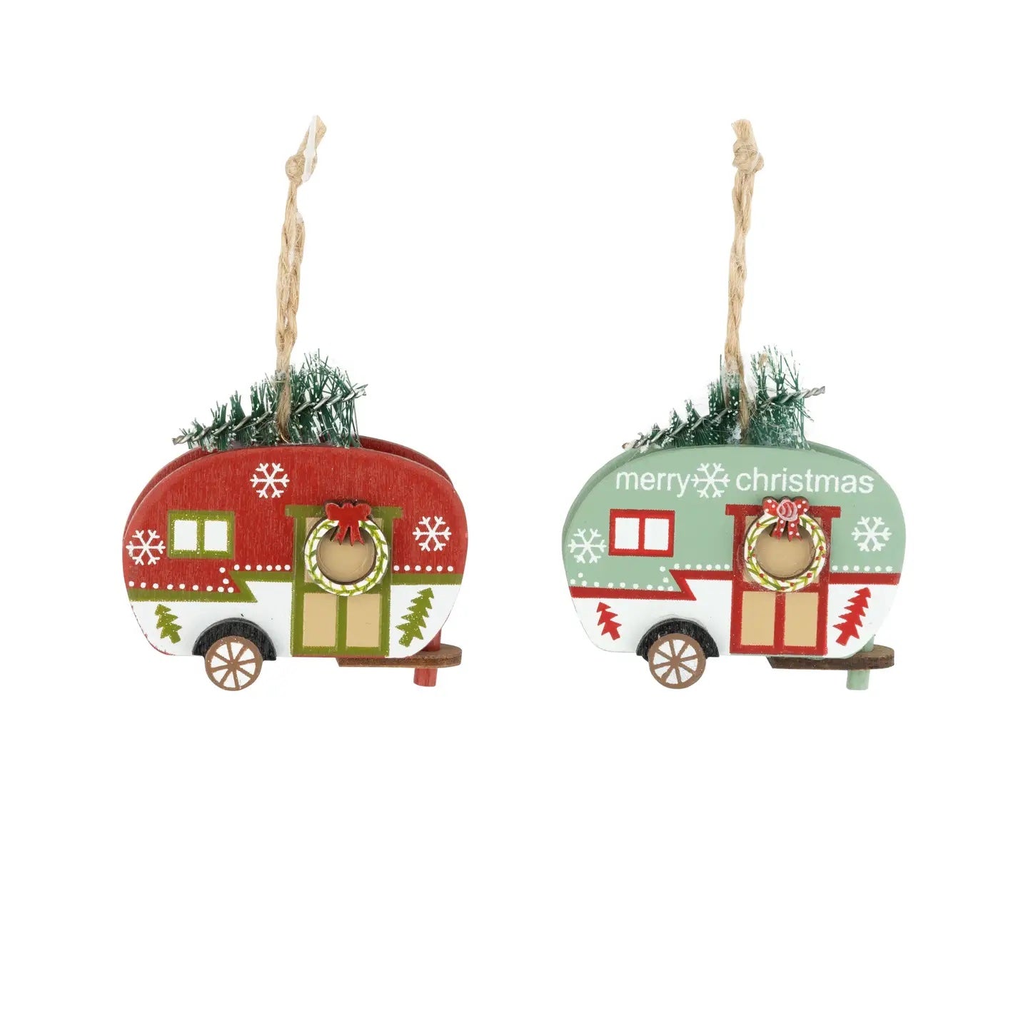 Wooden Camper Ornaments - Red & Green