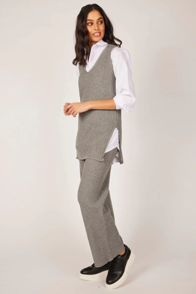 Pistache Ribbed Knit Ankle Pant, Grey | Made in Italy