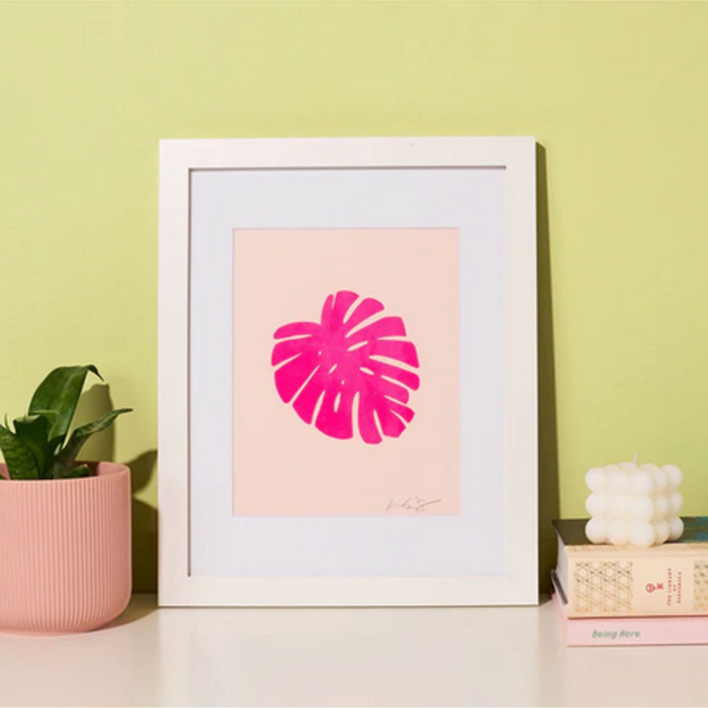 And Here We Are Art Print | Pink Monstera Leaf
