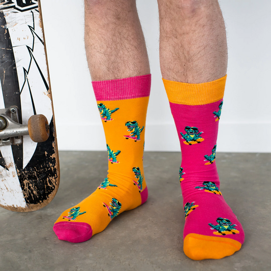 Friday Sock Co. Men's Mismatched Socks | Dino Skateboard