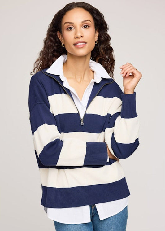 Gentle Fawn Idris Half Zip Pullover | Navy Stripe, Designed in Canada