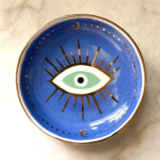 Decorative plate with an eye design on a blue background | Idlewild Evil Eye Porcelain Trinket Dish