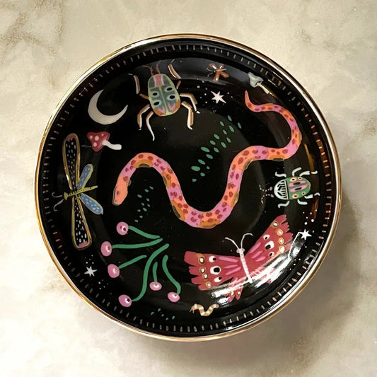 Decorative plate with colourful insects and plants on a black background | Idlewild | Midnight Garden Porcelain Trinket Dish