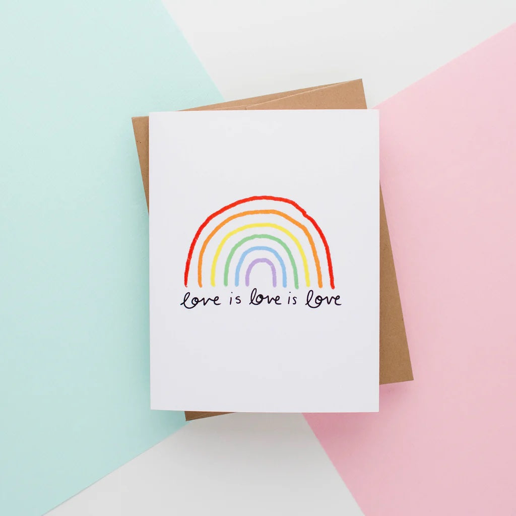 Card with rainbow and 'love is love is love' text on a colorful background | Little May Papery Wedding Card | Love is Love, Printed in Canada
