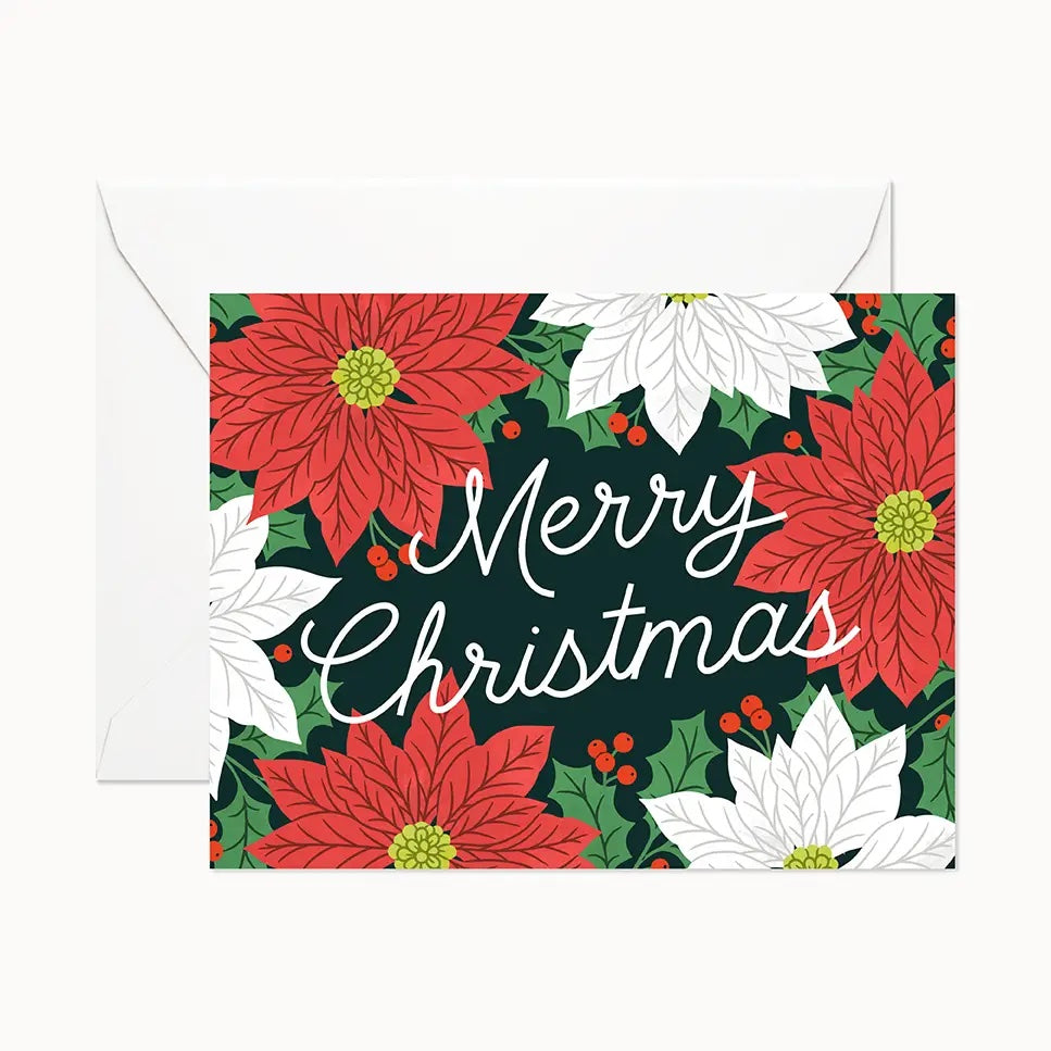 Linden Paper Holiday Card - Merry Christmas Poinsettias, Made in Canada
