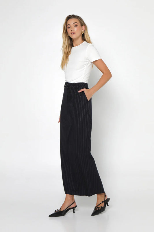 Madison the Label Lloyd Maxi Skirt | Navy Pinstripe, Designed in Australia