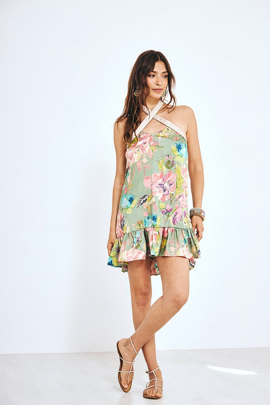 Floral Halter Mini Dress - Green