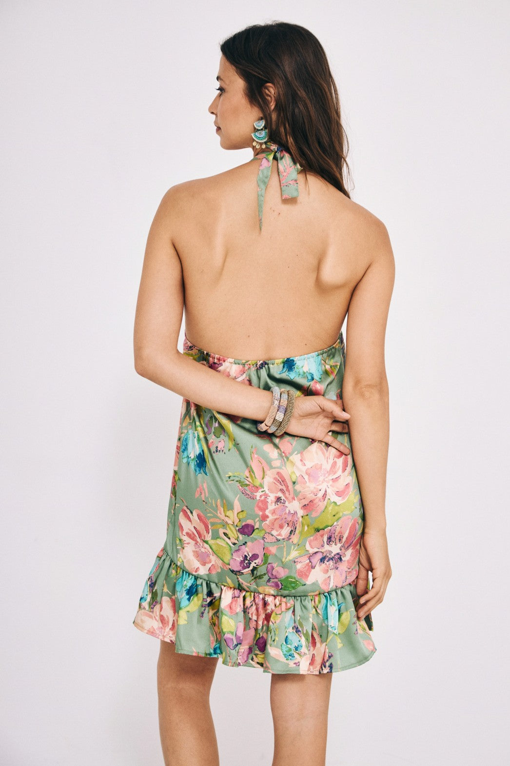 Floral Halter Mini Dress - Green