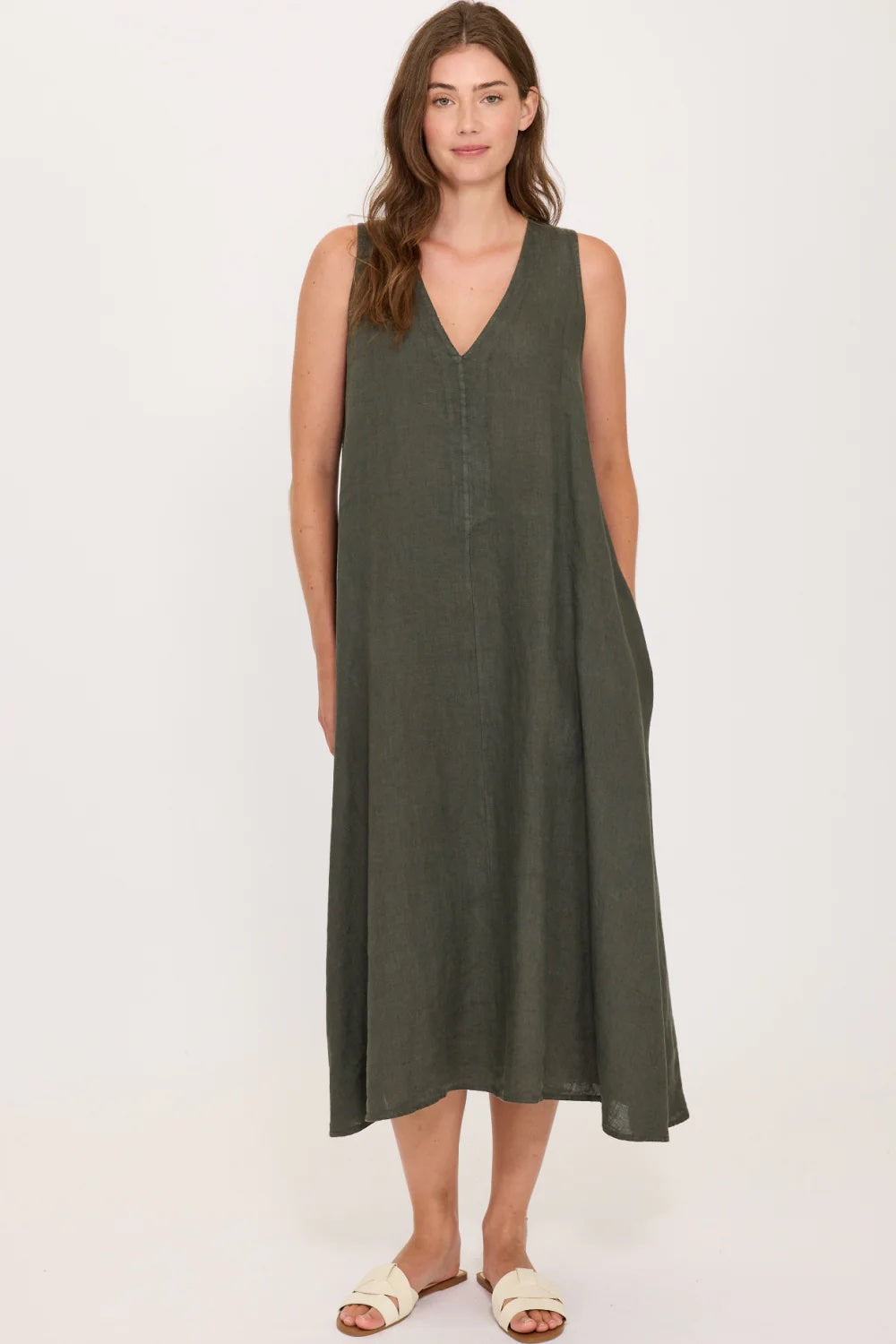 Midi Sleeveless Linen Dress - Military Green