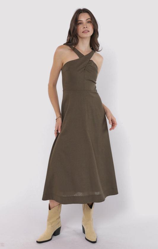 Backyard Linen Blend Halter Neck Dress