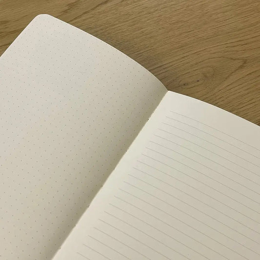 Open notebook with lined and dotted pages on a wooden surface | The Mincing Mockingbird Journal | Passive Aggressive, 120 Pages