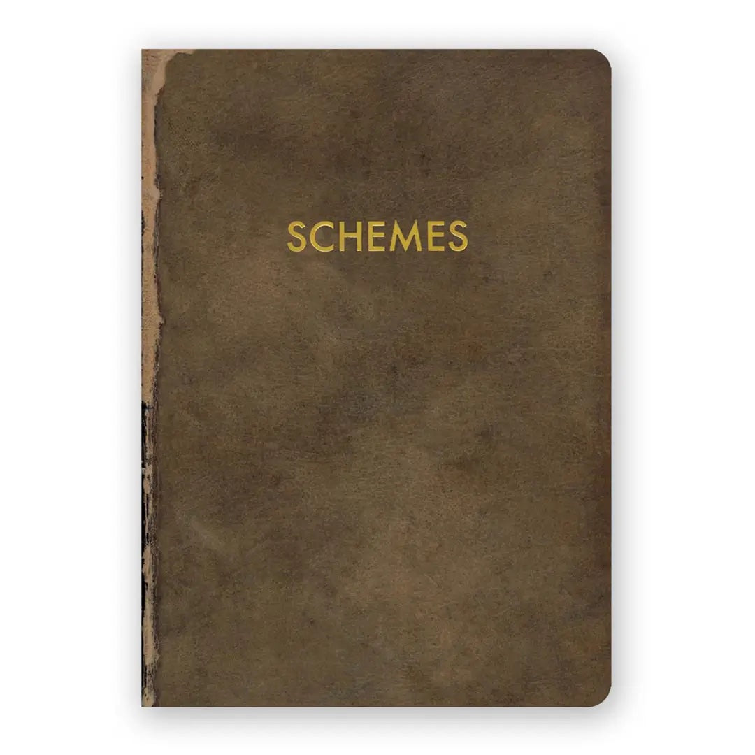 Brown notebook with 'SCHEMES' embossed on the cover against a white background | The Mincing Mockingbird Journal | Schemes, 120 Pages