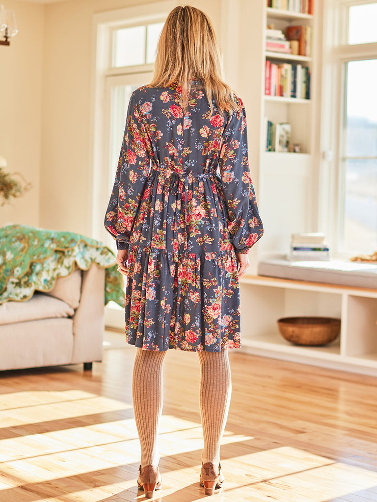 April Cornell Victorian Rose Short Dress, Slate Blue| Canadian Design