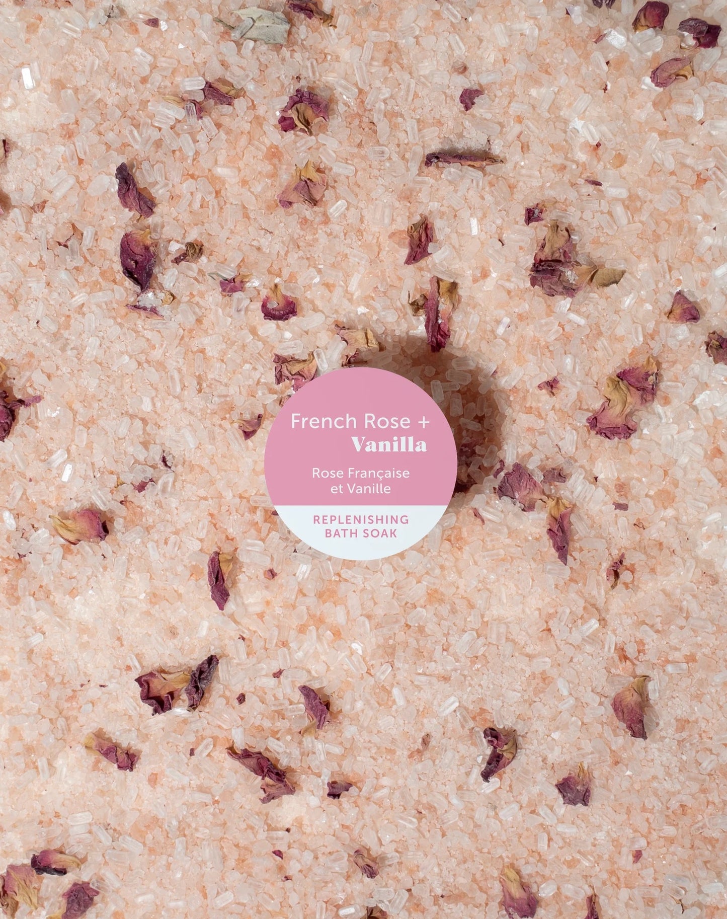 Bath salt with rose petals and a pink label on top