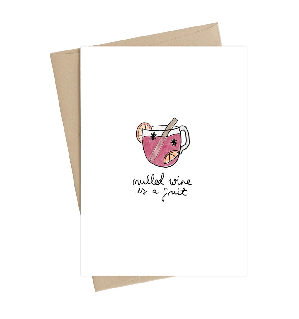 Greeting card with a mug of mulled wine illustration and text on a white background | Little May Papery Just Because Card | Mulled Wine, Printed in Canada