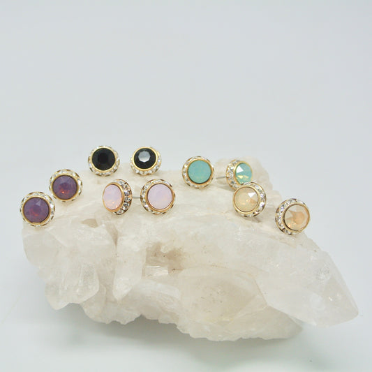 Handmade Stud Earrings - Opal Czech Glass With Crystals