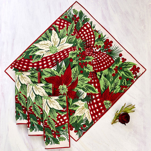 April Cornell Printed Napkins Set of 4 | Christmas Cottage Ecru