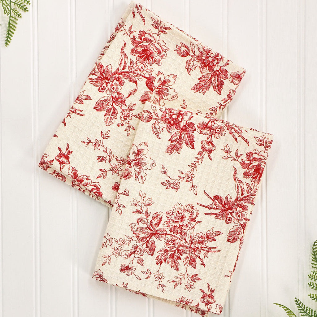 April Cornell Waffle Printed Tea Towels - 100 % Cotton, Rosalind Red