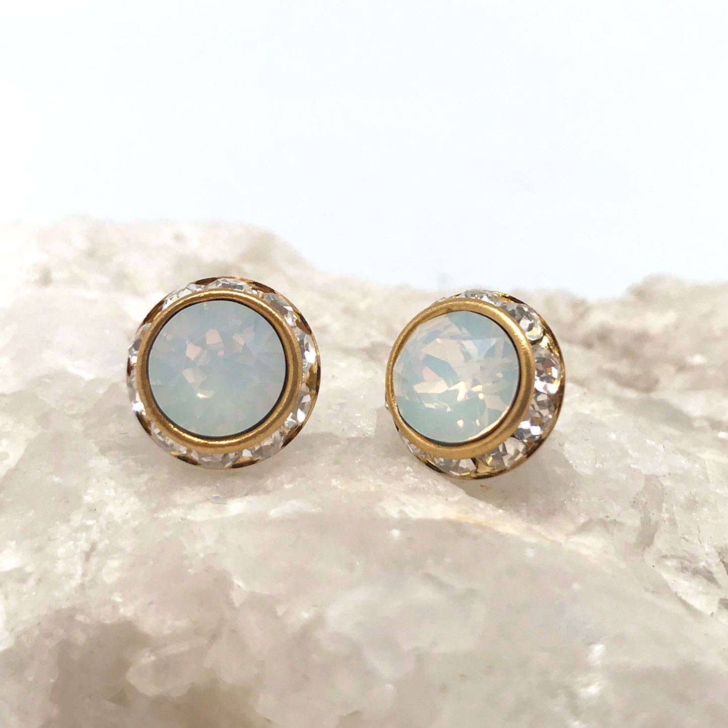 Handmade Stud Earrings - Opal Czech Glass With Crystals