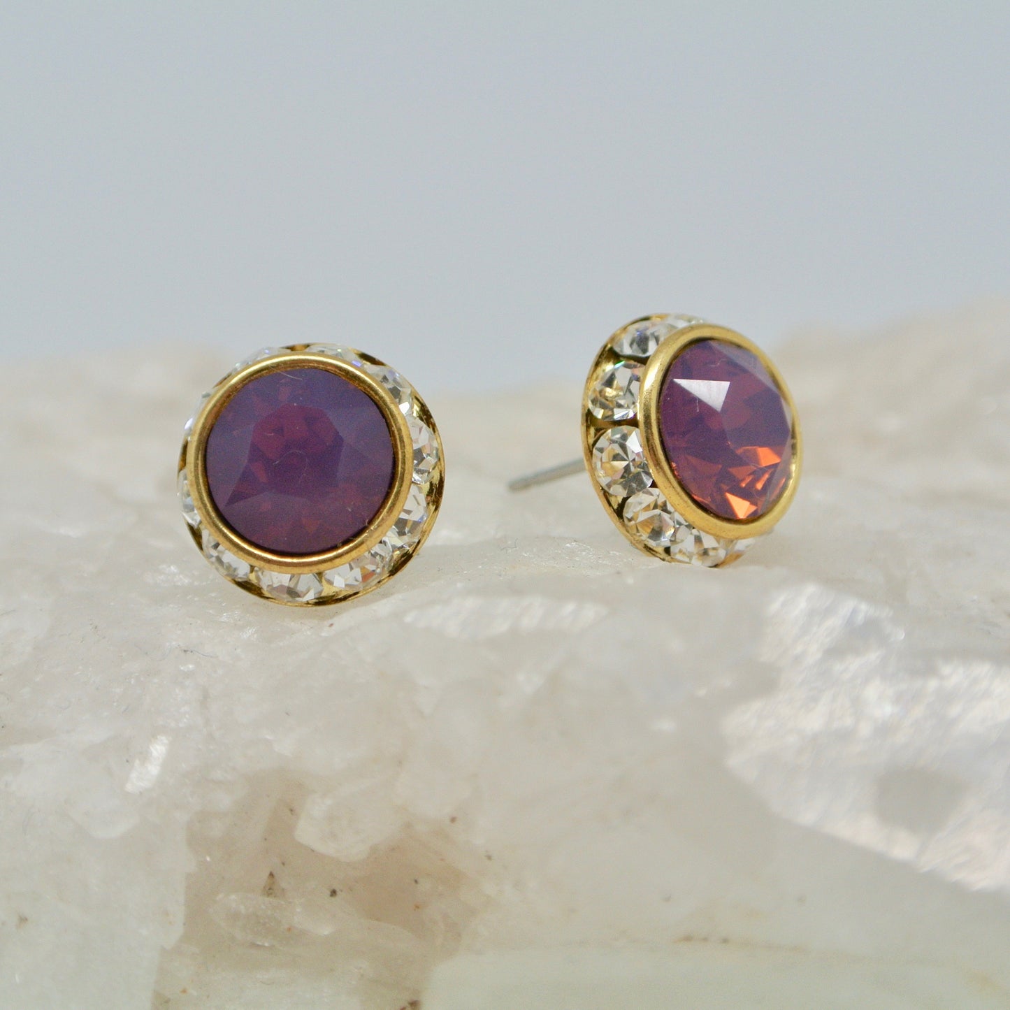 Handmade Stud Earrings - Opal Czech Glass With Crystals