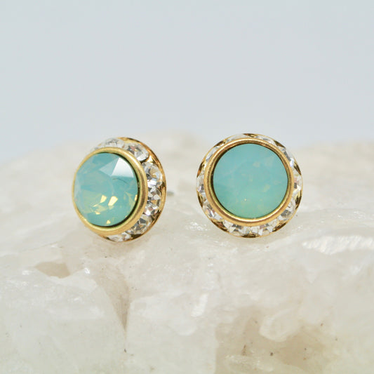 Handmade Stud Earrings - Opal Czech Glass With Crystals