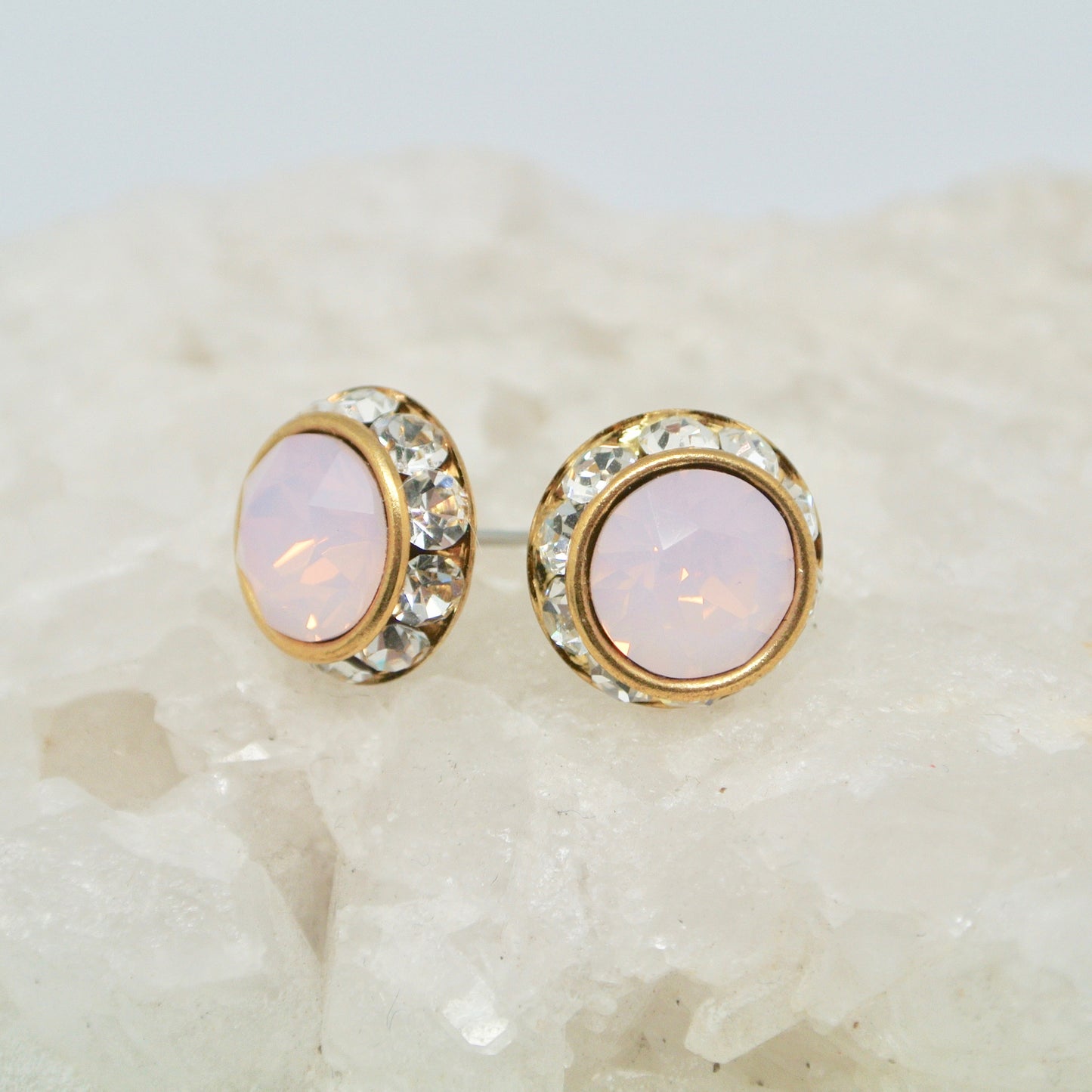 Handmade Stud Earrings - Opal Czech Glass With Crystals