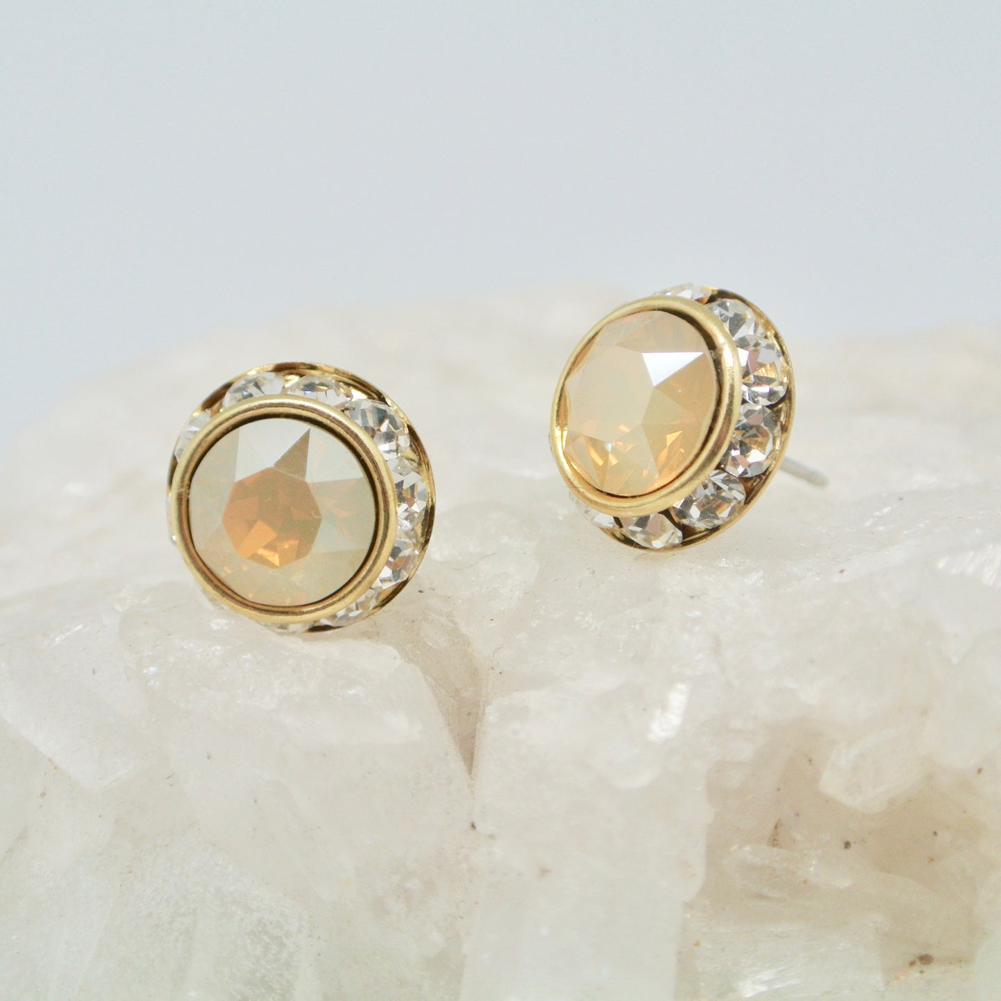 Handmade Stud Earrings - Opal Czech Glass With Crystals