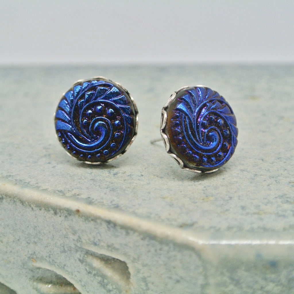 Grandmother's Buttons Earring Studs Petit Bohemia Blue Star Swirl at Twang and Pearl