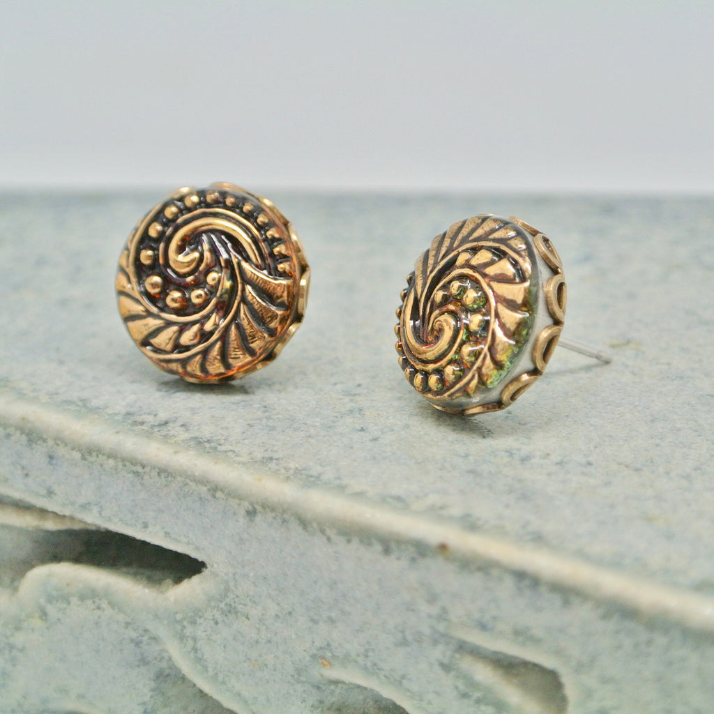 Grandmother's Buttons Earring Studs Petit Bohemia Vitrail Gold Swirl at Twang and Pearl