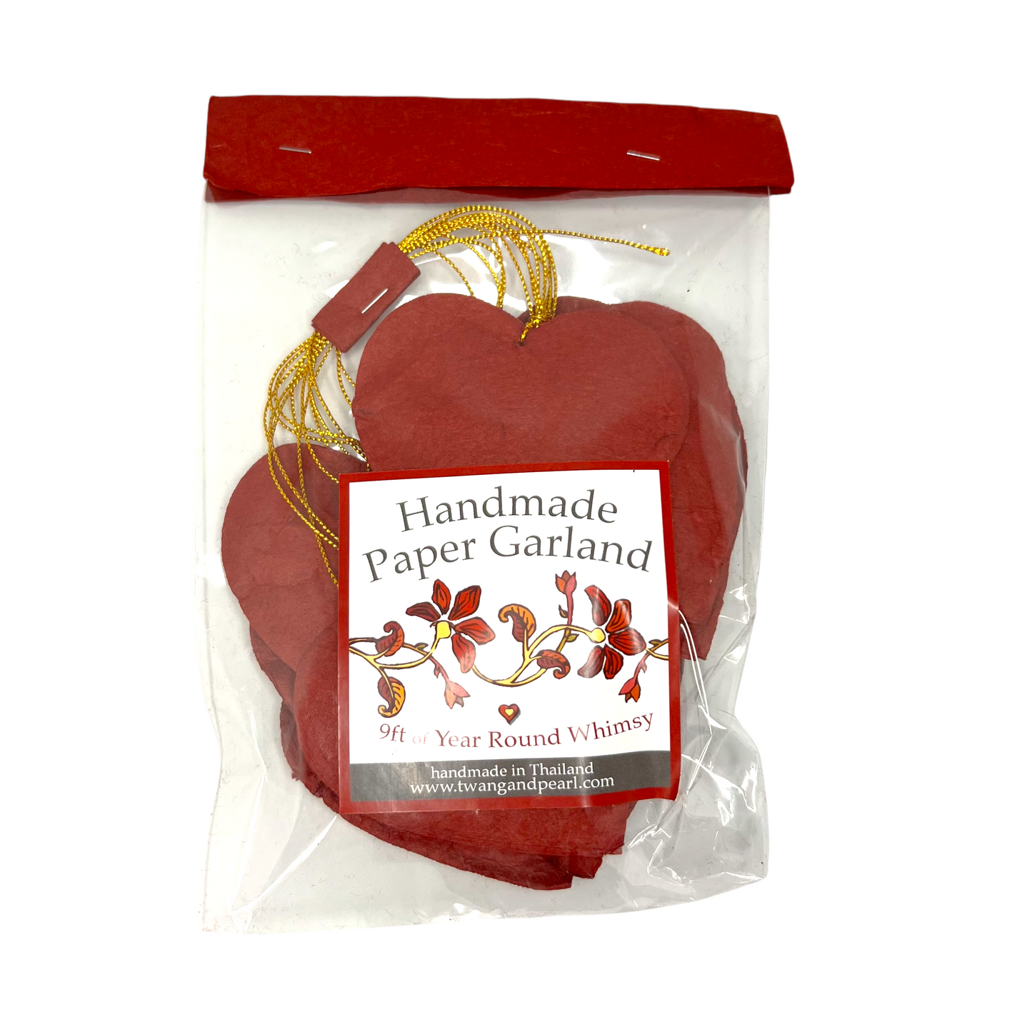Handmade Paper Garland | Hearts, Made in Thailand, 9' Long