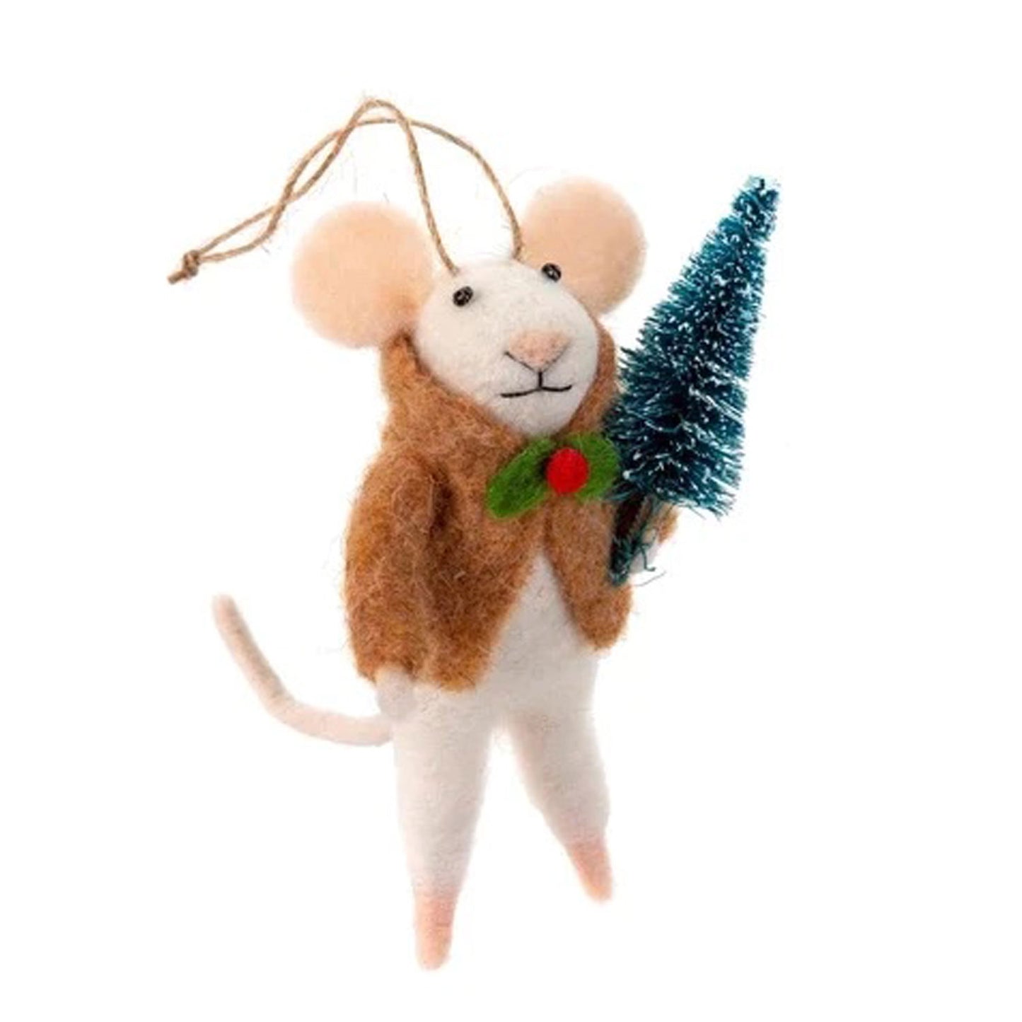 Mouse Ornament Tree Hugger Tara, Felted Wool & Polyester | White
