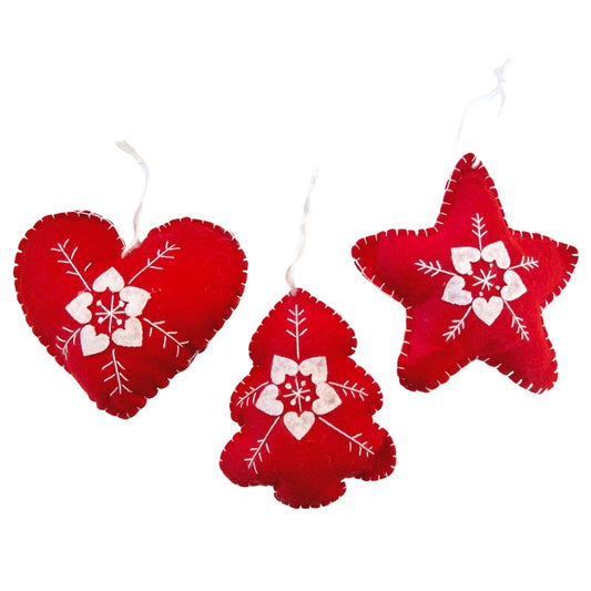 Felt Holiday Ornaments with Flower Motif | Red