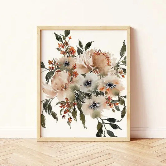 Paperbec Design Co. Bohemian Beige and Rust Loose Florals Art Print