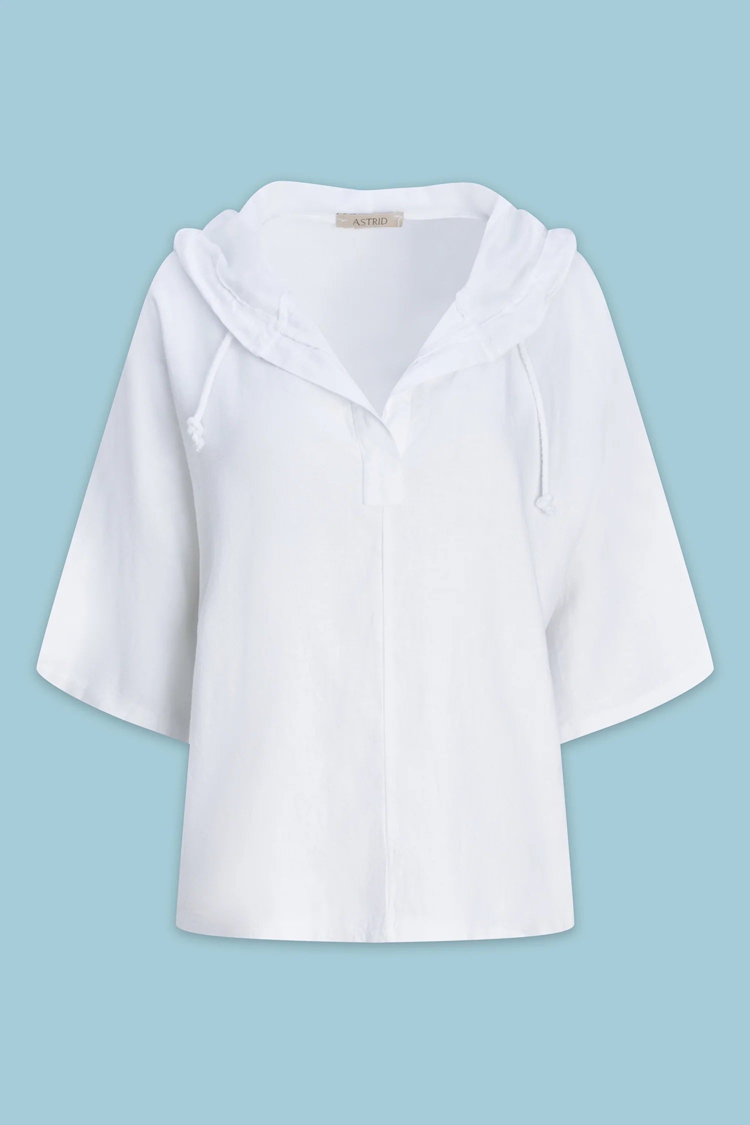 White blouse with a hood on a light blue background
