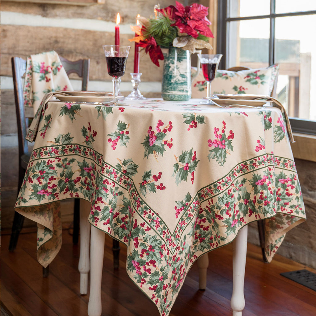 April Cornell Cotton Tablecloth Holly Berry Antique | Designed in Canada