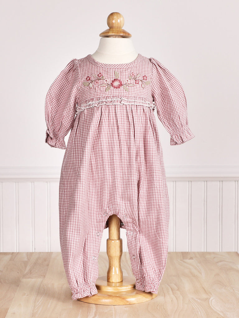 April Cornell Anglaise Check Baby Romper | Ecru Plum