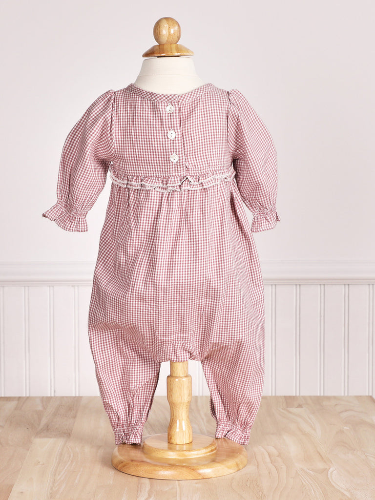 April Cornell Anglaise Check Baby Romper | Ecru Plum