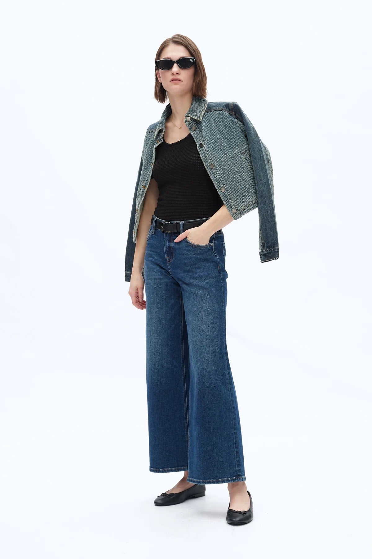 BAYEAS Lisa Mid Rise Wide Leg Jeans - Dark Blue