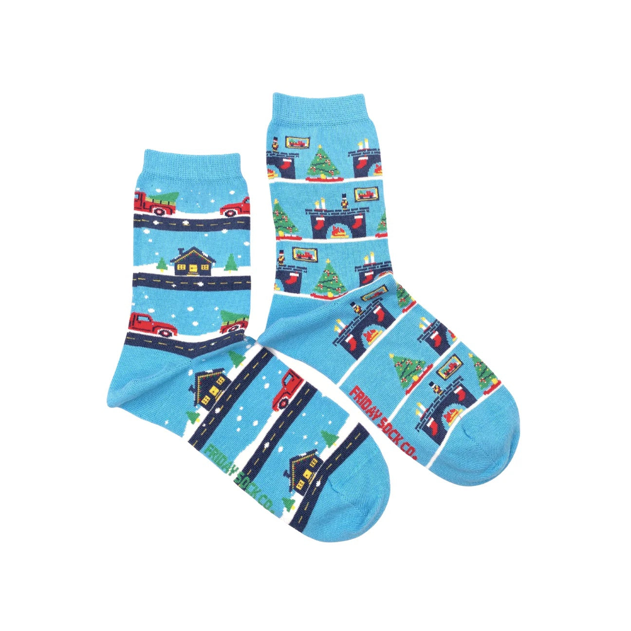 Women's Mismatched Socks - Christmas Vintage Truck & Living Room
