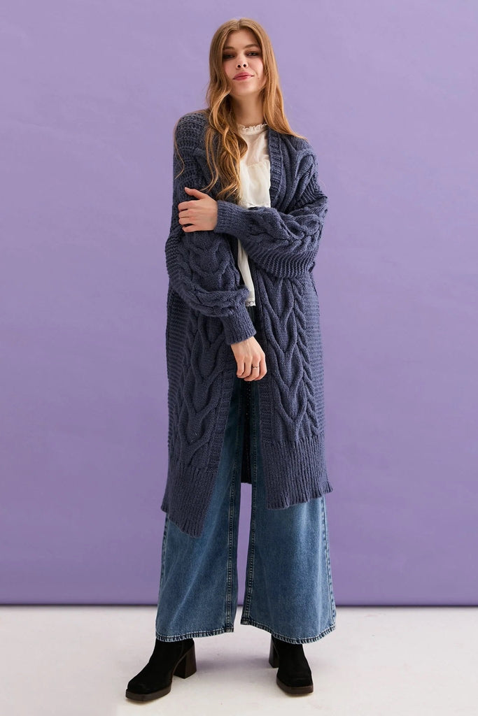 Cara & The Sky Alex Cable Balloon Sleeve Maxi Cardigan | Denim