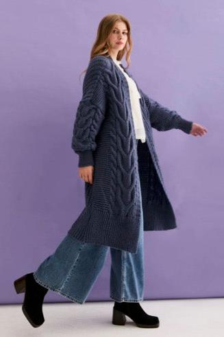 Cara & The Sky Alex Cable Balloon Sleeve Maxi Cardigan | Denim