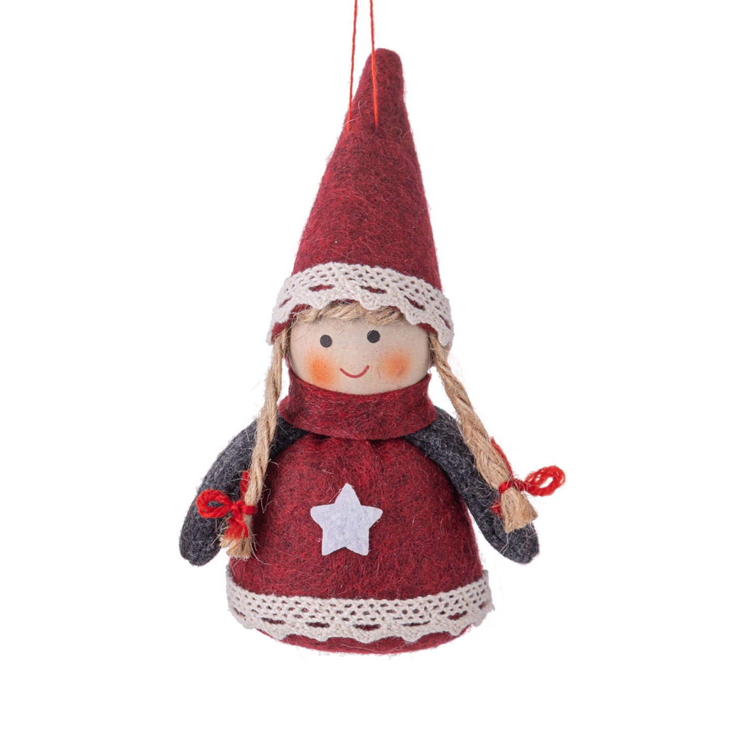 Little Cuties Ornaments in Red and Grey Star Outfits | Long Hair