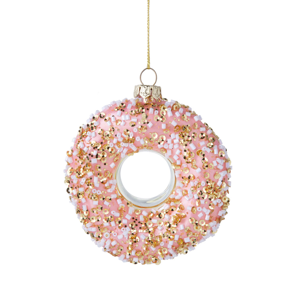 Glass Ornament | Pink Donut | Gold and Pink
