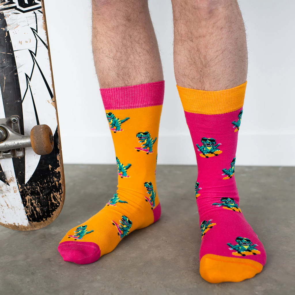 Friday Sock Co. Men's Mismatched Socks | Dino Skateboard