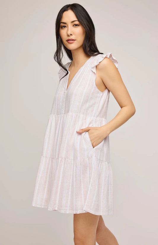 Gentle Fawn Maggie Linen Mini Dress | Tan Stripe, Designed in Canada