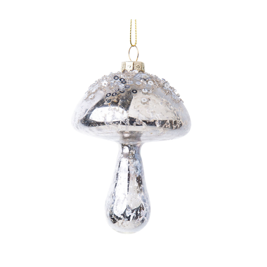 Blown Glass Ornament Silver Mushroom | Beads and Glitter