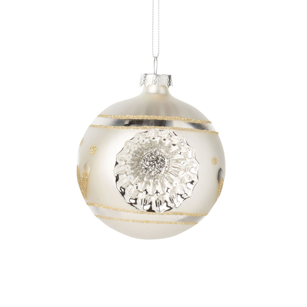 Glass Reflector Ornament | Matte White and Gold Glitter, Globe