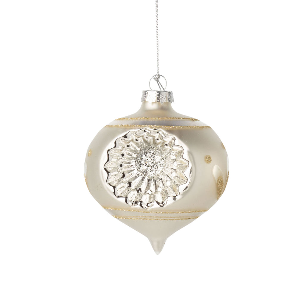 Glass Reflector Ornament | Matte White and Gold Glitter, Lamp