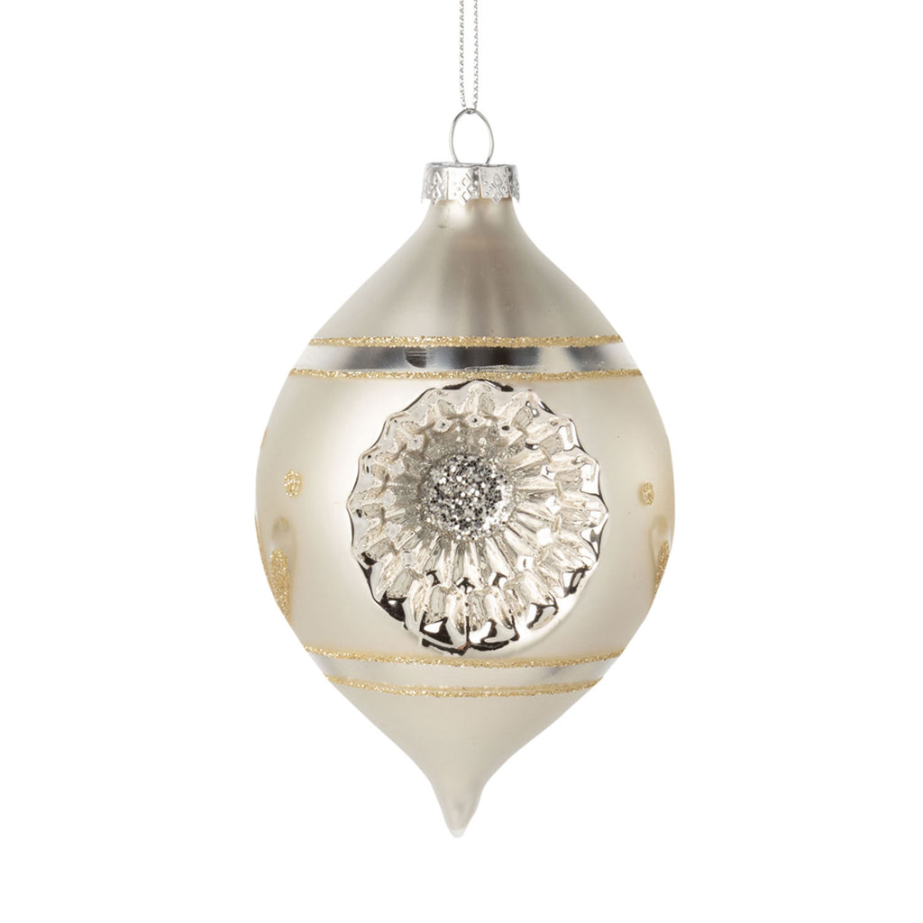 Glass Reflector Ornament | Matte White and Gold Glitter, Teardrop